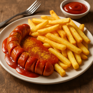 Mehr über den Artikel erfahren Currywurst mit Pommes: Das Kultgericht der deutschen Straßenküche – Eine kulinarische Analyse eines Nachkriegsphänomens