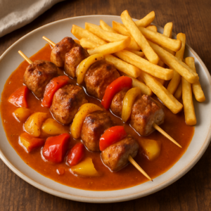 Mehr über den Artikel erfahren Das perfekte Schaschlik-Menü: Schaschlikspieße in Currysauce mit Paprika, Zwiebeln und Pommes frites – Ein tiefgehender Genuss- und Rezeptbeitrag